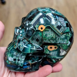 May include: A clear resin skull sculpture with embedded green circuit boards. The skull is detailed with intricate circuitry and has a glossy finish.