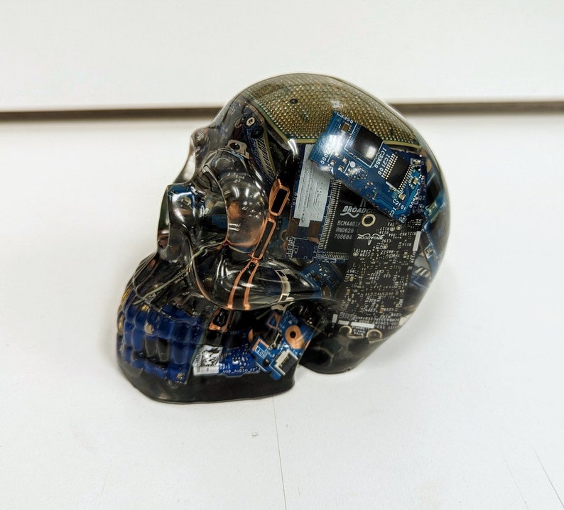 May include: A clear resin skull filled with various blue and green circuit boards. The skull is a decorative object.