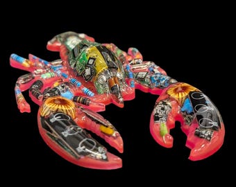 Glow-in-the-Dark Cyber Lobster Sculpture – Upcycled Tech Art, Recycled Electronics Wall Decor