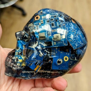 May include: A clear resin skull filled with blue and green circuit boards. The skull is a decorative object.