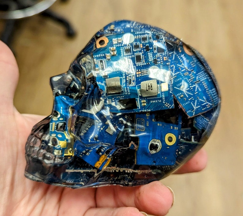 May include: A clear resin skull filled with blue and green circuit boards. The skull is a decorative object.