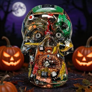 May include: A skull-shaped sculpture encased in clear resin, featuring an intricate arrangement of electronic components including green circuit boards, copper wire coils, metallic switches, and various small hardware parts embedded throughout.