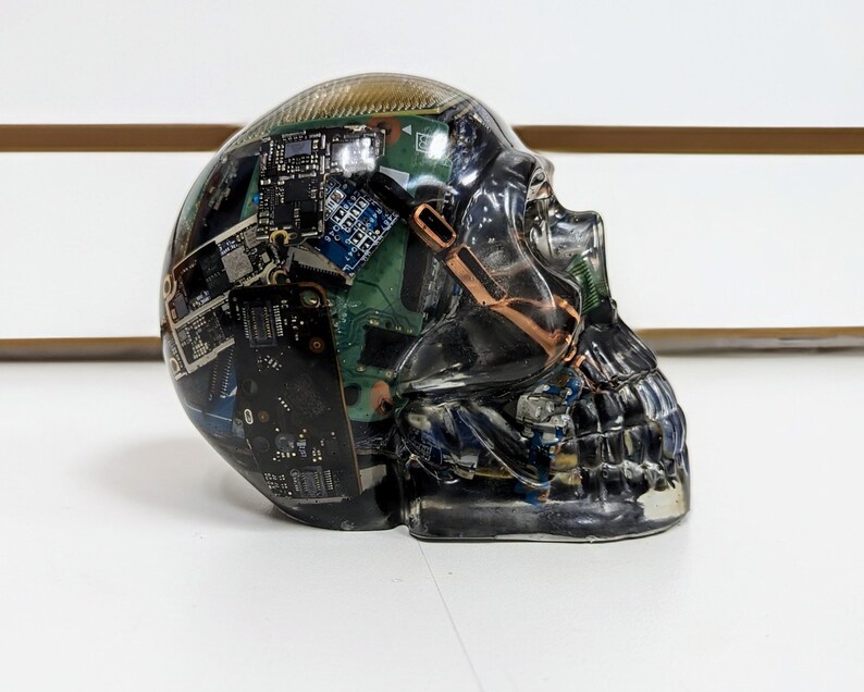 May include: A clear resin skull sculpture filled with various circuit boards and electronic components. The skull is a unique and artistic representation of technology and the human mind.