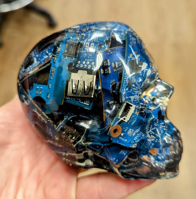 May include: A clear resin skull filled with blue and silver circuit boards. The skull is a decorative object and is made of epoxy resin.