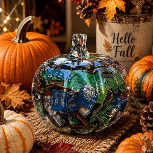 May include: A clear glass pumpkin-shaped sculpture filled with various green and blue electronic circuit board components. The sculpture features a molded glass stem and a rounded body, showcasing a collection of small, intricate computer parts.