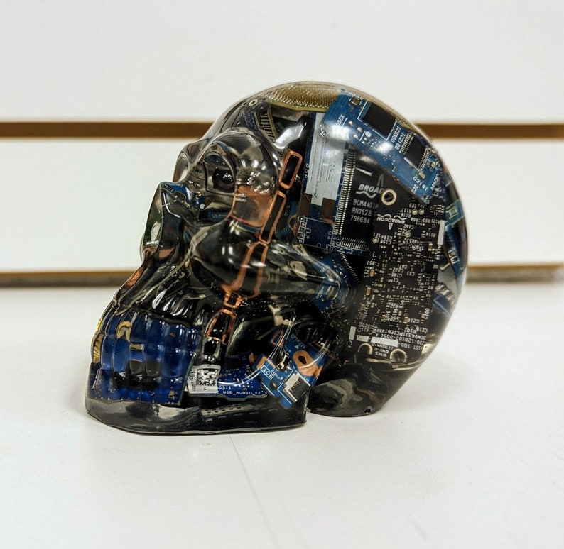 May include: A clear resin skull sculpture filled with blue and black circuit boards. The skull is a decorative object with a unique and modern design.