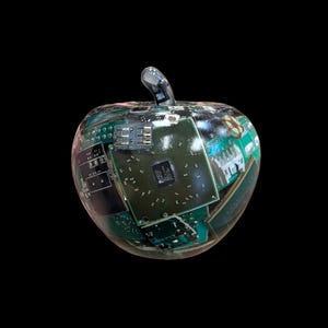 May include: A clear, apple-shaped sculpture made of resin, containing various green and black electronic circuit boards, microchips, and metallic components embedded within the material. A small, curved, clear resin stem sits on top.