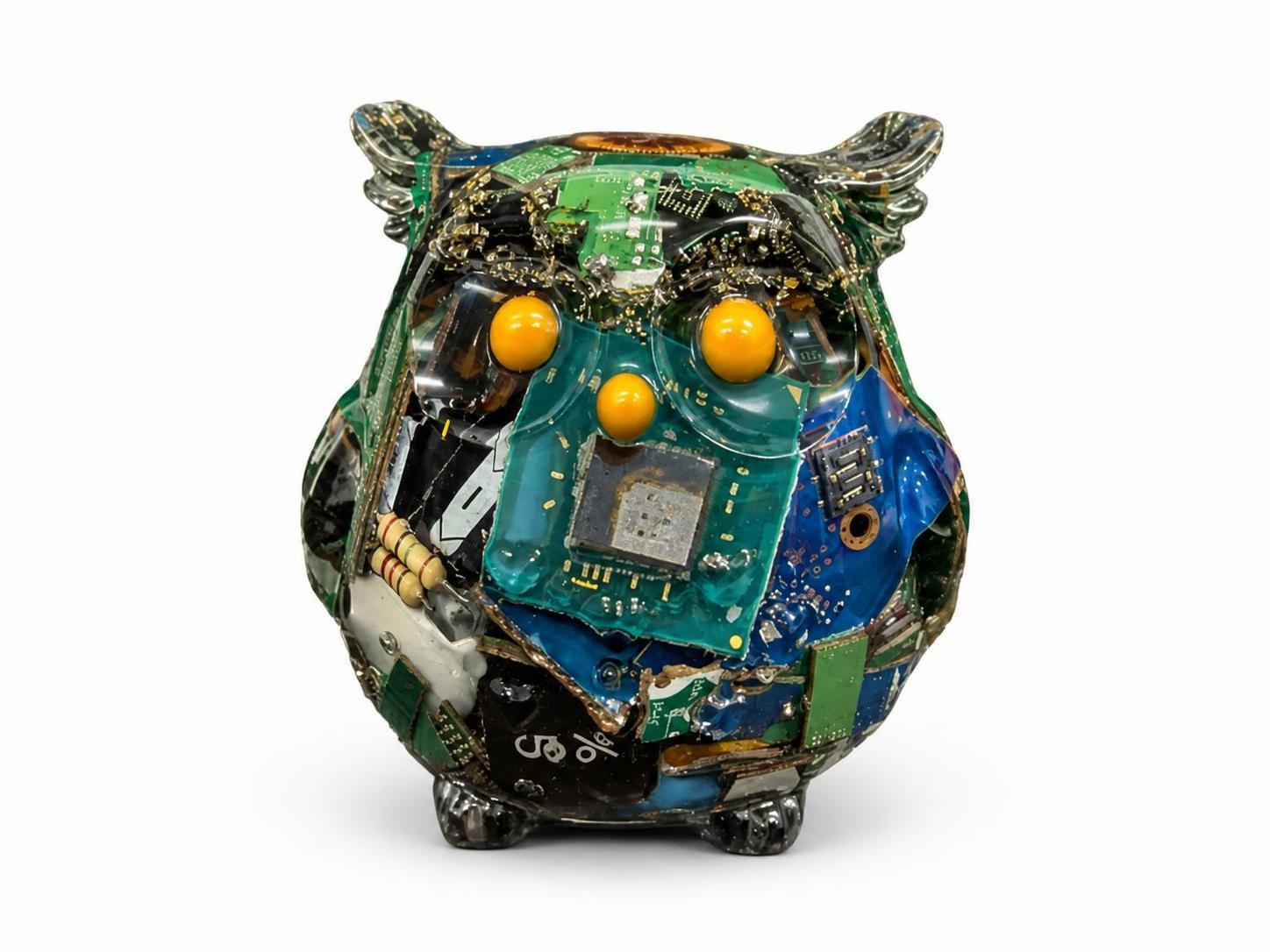 Circuit Board Owl Sculpture, Glow in the Dark Eyes, E-Waste Resin Art, Motherboard Owl Figurine, Gee