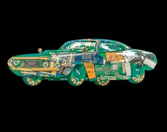 Glow-in-the-Dark Cyber Car Sculpture – Handmade Motherboard & IC Chip Resin Art – Unique Tech Automobile Wall Decor
