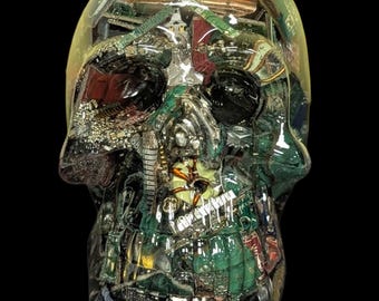 Baseband: The Signal Keeper – Cyberpunk Skull, Upcycled Electronics Art, Gothic Tech Decor, Gamer Room Piece