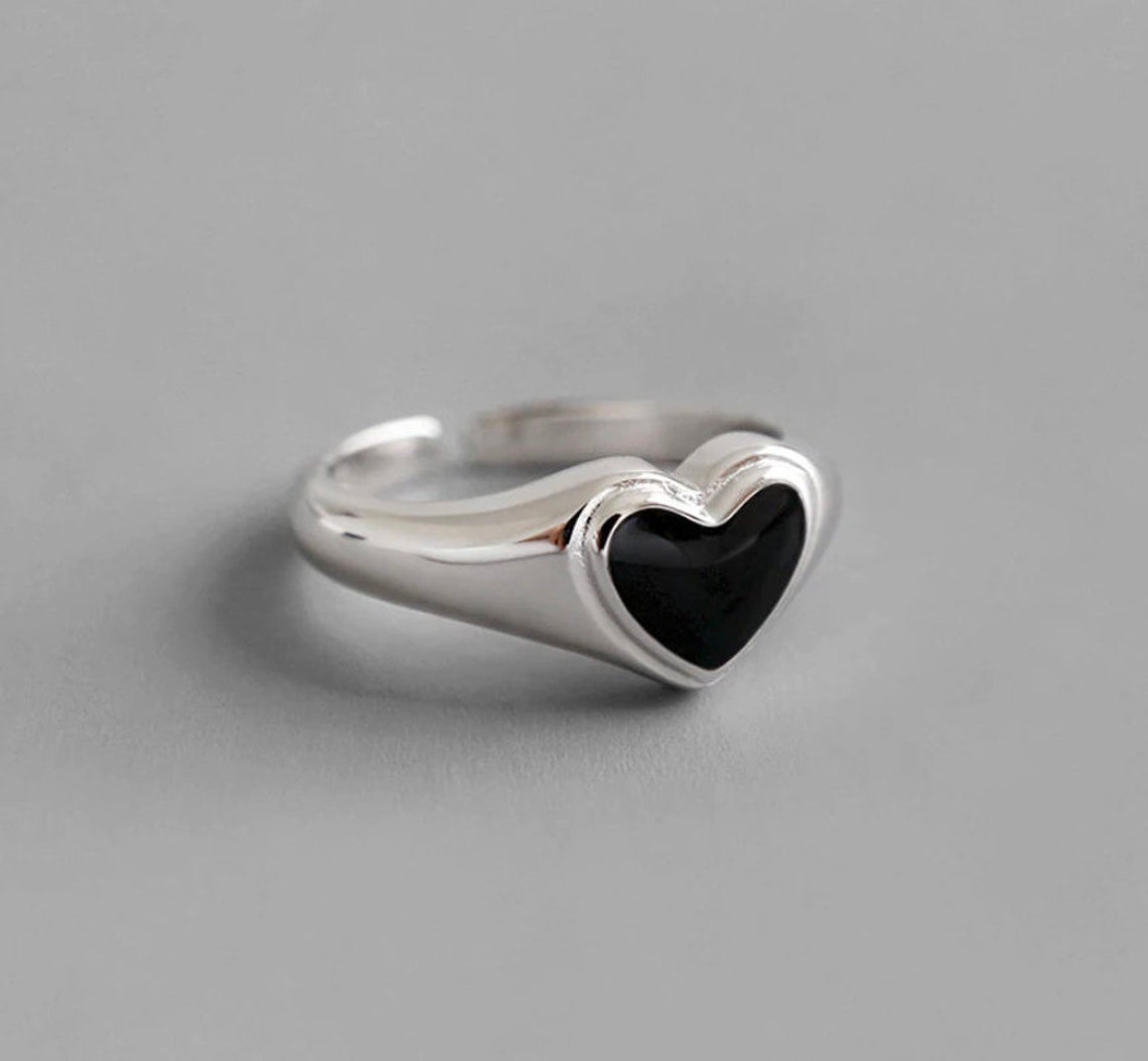 Adjustable Black Heart Ring Tarnish Free 925 Sterling Etsy