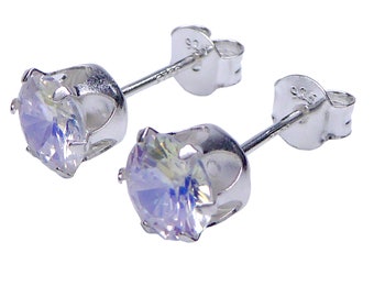 925 Silber Ohrstecker Magic Weiß 6mm | Kristall Ohrringe Opal-Effekt | Funkelnd & Hypoallergen | Geschenk Damen