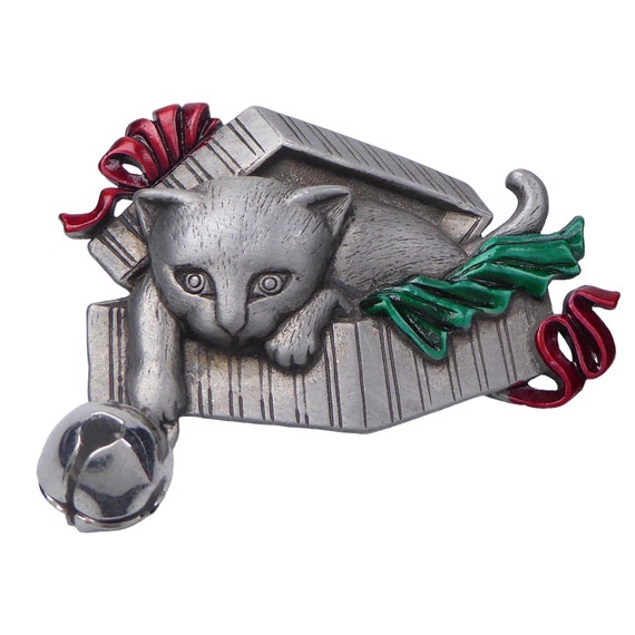 Große Vintage Brosche Katze mit Glöckchen 5cm x 5,0cm