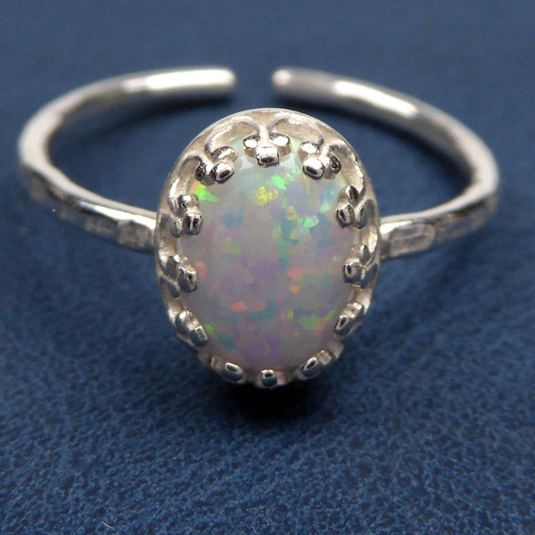 Lab weißer oval 6x8mm Opal Ring 925 Sterling Silber antik Vintage  für Damen und Mädchen Die Größe ist verstellbar