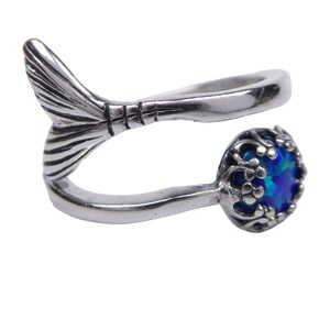 Blauer Lab Opal Meerjungfrau Ring 925 Silber – Verstellbar – Antiker Vintage Stil – Besonderes Geschenk für die Freundin afbeelding 1