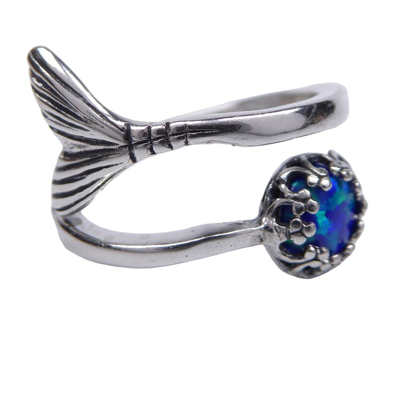 Blauer Lab Opal Meerjungfrau Ring 925 Silber – Verstellbar – Antiker Vintage Stil – Besonderes Geschenk für die Freundin afbeelding 1