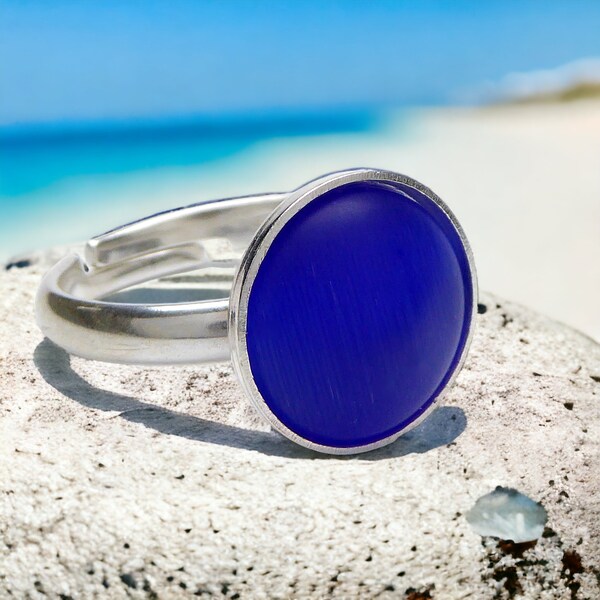 Blauer Seeglas Ring 925 Sterling Silber   für Damen und Mädchen die Größe ist verstellbar