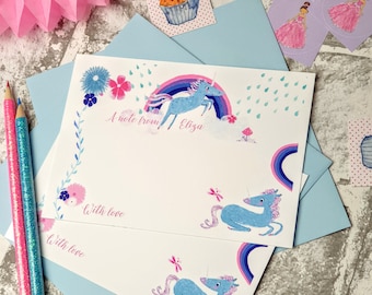 Unicorn Stationery for Girls, Personalised Set of 12 x A6 Cards Envelopes and Stickers, Kids Writing Paper Set, Letterbox Gift