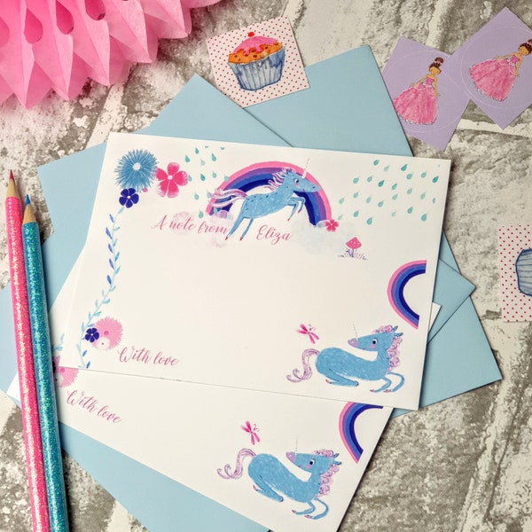 Unicorn Stationery for Girls, Personalised Set of 12 x A6 Cards Envelopes and Stickers, Kids Writing Paper Set, Letterbox Gift