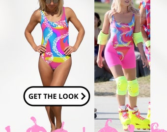 One-Piece 80s Malibu Swimsuit, Neon Roller Skating Bathing Suit One-Piece Swimsuit