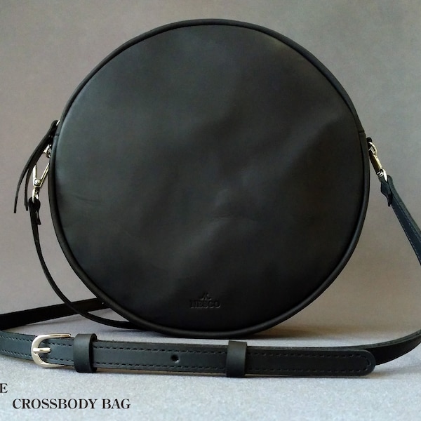 Leather Crossbody Bag, Round Leather Bag, Round Purse, Lady's Crossbody Bag, Black Handbag, Olive Leather Bag, Crazy Horse Leather Woman Bag