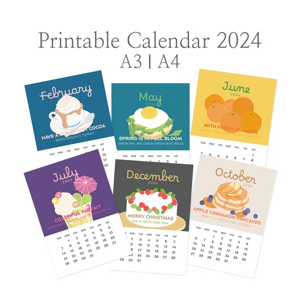 Printable Calendar 2024, Colorful Calendar, Cute Calendar, PDF A4 A3, Illustration Calendar, Kids Calendar 2024, Snack Poster, Wall Calendar