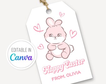 Editable Easter Tags, Easter Basket Tag Bunny, Canva Template, Printable Easter Bunny Gift Tag, Easter Gifts For Kids, Easter Class Tags