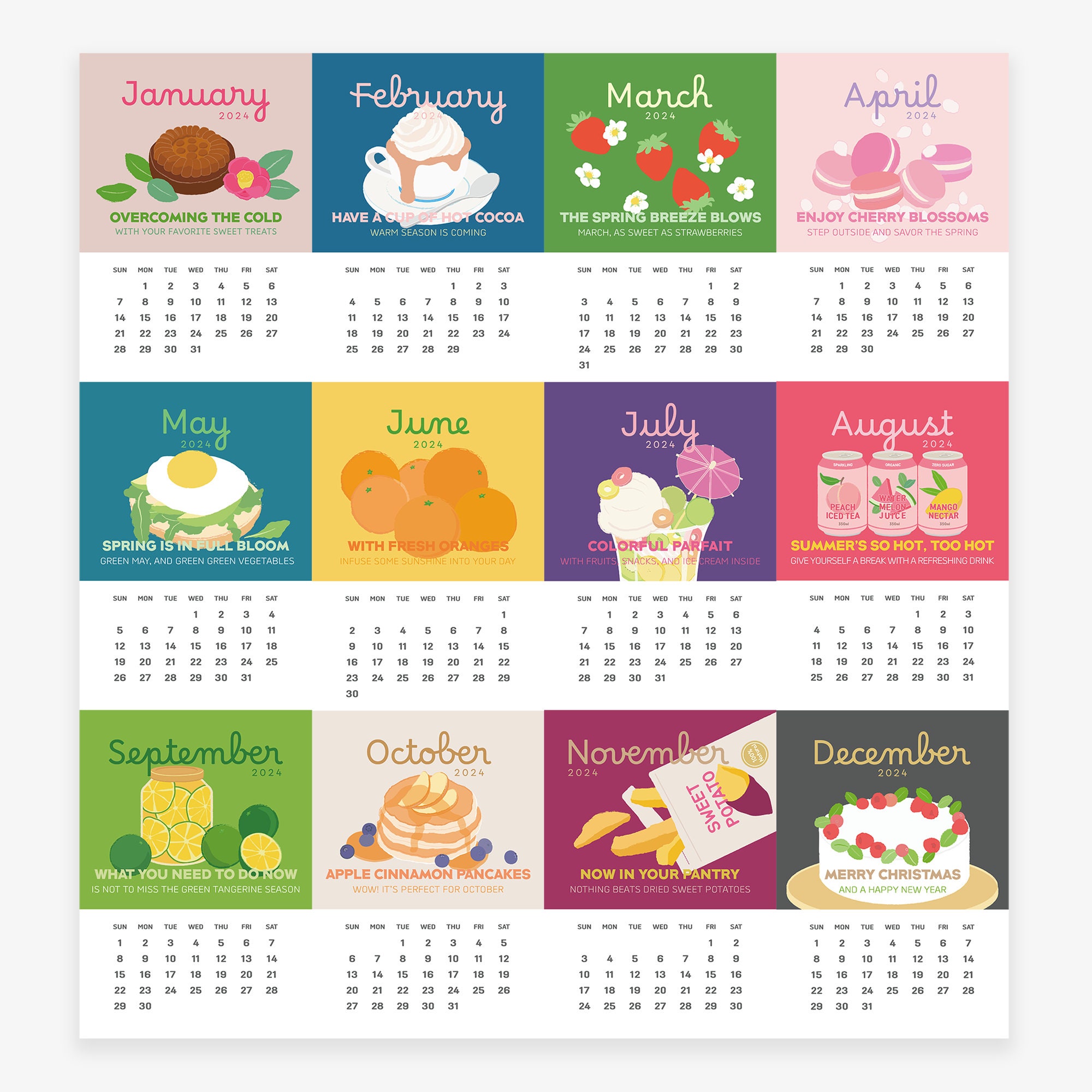 Printable Calendar 2024, Colorful Calendar, Cute Calendar, PDF A4 A3 ...