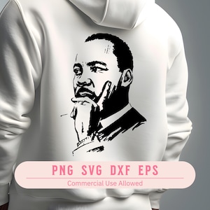 Pode incluir: Silhueta em preto e branco de Martin Luther King Jr. com a mão no queixo, olhando pensativo. PNG SVG DXF EPS Uso comercial permitido.