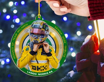 F1 Lando Norris hangende kerstbal 3,5 inch, Monaco GP SennaTribute, 2-laags kunstwerk hout + acryl