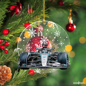 F1 George Russell Mercedes AMG Christmas Ornament, 3.5 in Clear Acrylic with Art Front and Back