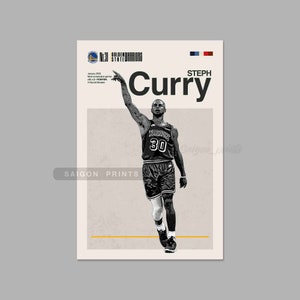May include: Black and white illustration of Steph Curry, a basketball player for the Golden State Warriors, shooting a basketball. The image includes the text "NBA 30 GOLDEN STATE WARRIORS" and "STEPH CURRY".