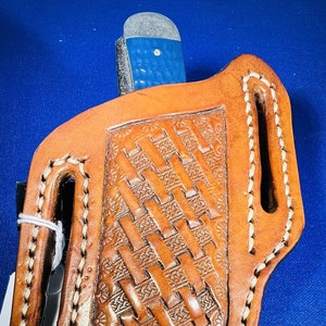 Pancake sytle basket weave leather knife holster with new Case US Marine Corps, two blade trapper pocket knife