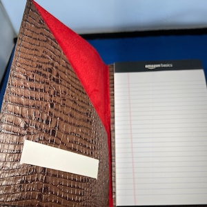Italian Leather Junior Legal Pad Holder -  Crocodile pattern in Cognac &- black color with red suede leather interior