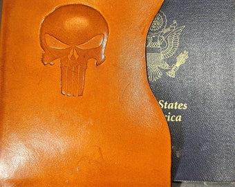 Leather Passport sleeve  full grain Herman Oak Leather with Punisher logo