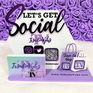Digitaler Download Social Media Schild Vorlage, QR-Code Pay-Schild, Glowforge Laser Cut-Datei, Social Media Popup Shop Schild, Visitenkartenhalter