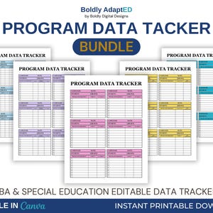 May include: A bundle of five Program Data Tracker templates for special education, featuring editable grids for student information, dates, and blocks. The documents are US Letter size, 8.5 in x 11 in, with color-coded sections in blue, purple, pink, and yellow.