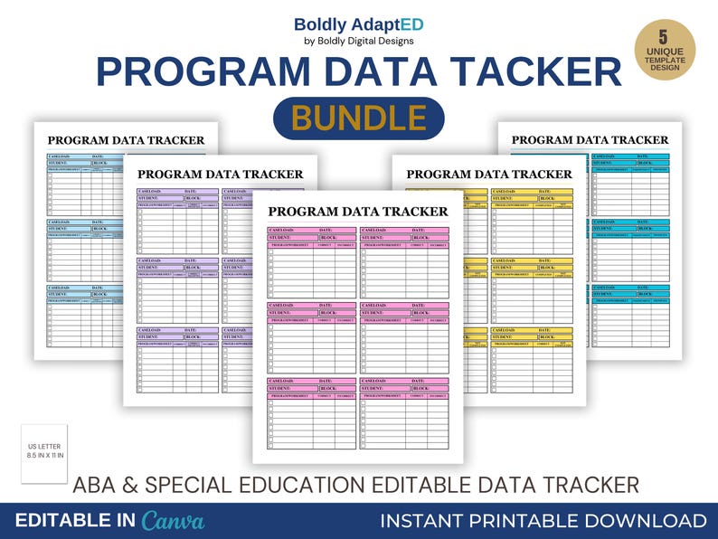 May include: A bundle of five Program Data Tracker templates for special education, featuring editable grids for student information, dates, and blocks. The documents are US Letter size, 8.5 in x 11 in, with color-coded sections in blue, purple, pink, and yellow.