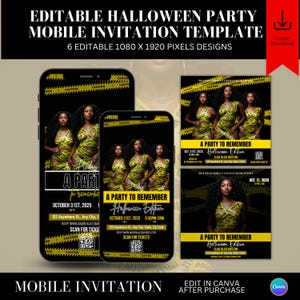 Puede incluir: Plantilla de invitación móvil editable para fiesta de Halloween con seis diseños. La invitación presenta un fondo negro con imágenes de mujeres con trajes de cinta de precaución. El texto incluye detalles del evento y un código QR.