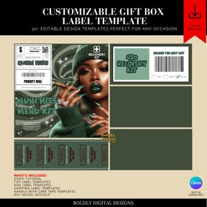 May include: A digital illustration of a green and black gift box label template with the text "Munchies & Mend Kit" and a woman with green eyeshadow and lipstick. The label also includes the text "Queen Hero" and "Priority Mail".