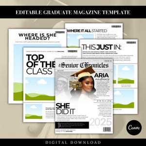 Graduation, grad magazine template, Glam Senior Magazine, Magazine Trend, High School, Congrats, Grad Season, Senior, Brown Magazine, Prom, senior magazine canva, Graduation Magazine For Photoshoot, Graduation Announcement Template, Magazine Graduation Invitation Template, Graduates, Newspaper Grad Party Template, Senior Graduation Announcement