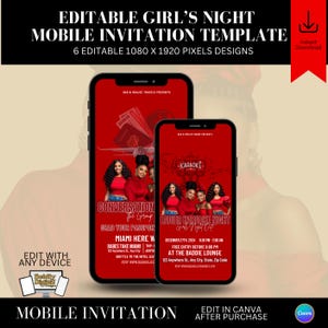 Könnte beinhalten: Ein Handy-Bildschirm, der eine rote und weiße Einladung zu einer Mädels-Nacht zeigt. Die Einladung zeigt eine Gruppe von Frauen, den Text "Ladies Karaoke Night" und das Datum "December 27th, 2024".