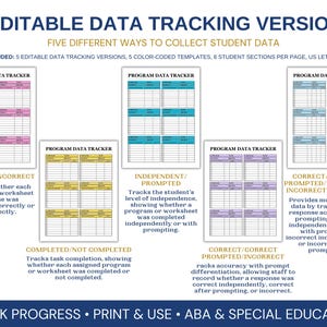 May include: Five editable data tracking templates for student progress, each measuring 8.5 by 11 inches. The sheets feature grids labeled Program Data Tracker with color-coded sections in pink, blue, yellow, purple, and light blue for recording data.