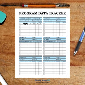 May include: A white paper program data tracker sheet with blue headers and six sections for student information. The document features columns for program, worksheet, correct, and prompted data. The text reads Program Data Tracker, Boldly AdaptED.