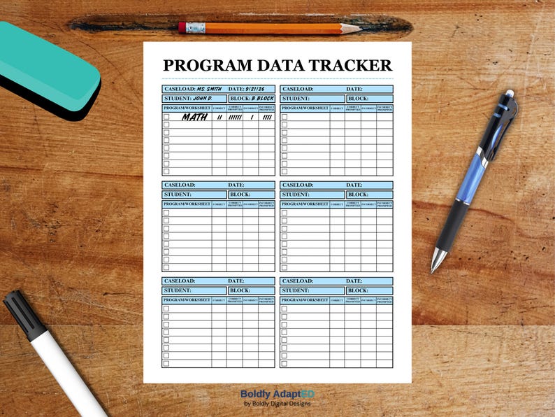May include: A white paper program data tracker sheet with blue headers and six sections for student information. The document features columns for program, worksheet, correct, and prompted data. The text reads Program Data Tracker, Boldly AdaptED.