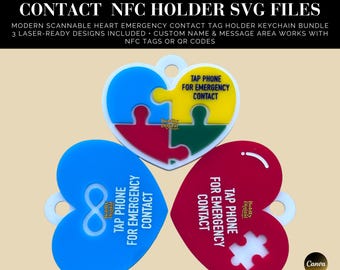 Custom NFC Emergency Contact Heart Tag, Emergency Contact Keychain, Heart Bag Tag Laser Cut File, NFC tag holder, Scannable Bookbag Keychain