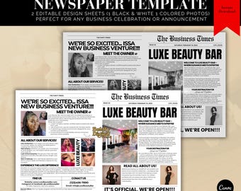 Puede incluir: Una plantilla de periódico en blanco y negro con el titular "Luxe Beauty Bar" y el texto "Bienvenido a Luxe Beauty Bar - Donde la elegancia se encuentra con la experiencia". La plantilla está diseñada para un anuncio de gran inauguración de un negocio y presenta una foto del interior del negocio.
