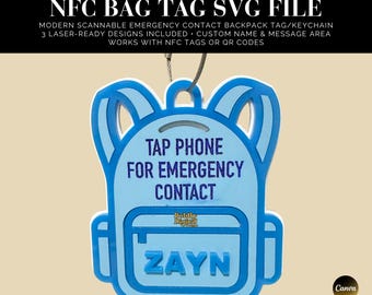 Custom NFC Emergency Contact Backpack Tag, Emergency Contact Keychain, Bag Tag Laser Cut File, NFC tag holder, Scannable Bookbag Keychain