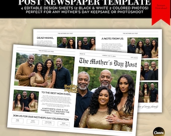 May include: Editable Mother's Day newspaper template with a black and white photo of a family. The template includes the text "The Mother's Day Post" and "To the best mom ever."