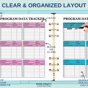 May include: A ring-bound planner featuring a Program Data Tracker layout with pink and blue sections. The pages include fields for caseload, date, student, and block, alongside columns for programs, worksheets, correct, and incorrect data entries.